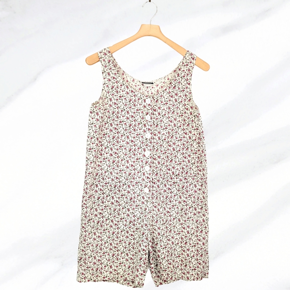 Vintage Romper Cotton Small Red Floral Cream Beige Green Summer Shorts Pockets